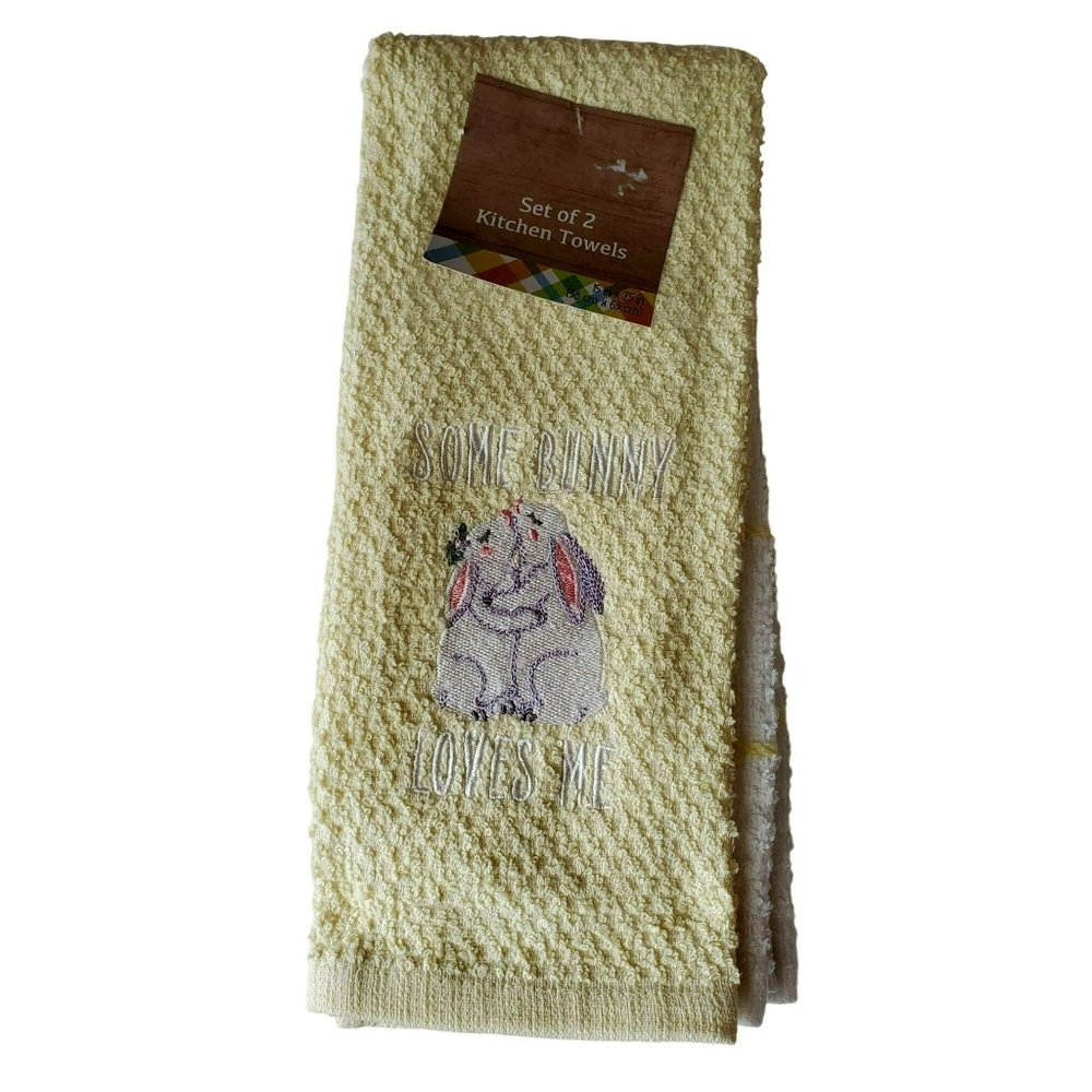 Easter Kitchen Towels, set of 2, Hugging Rabbit, Some Bunny Loves Me, Cotton NWT